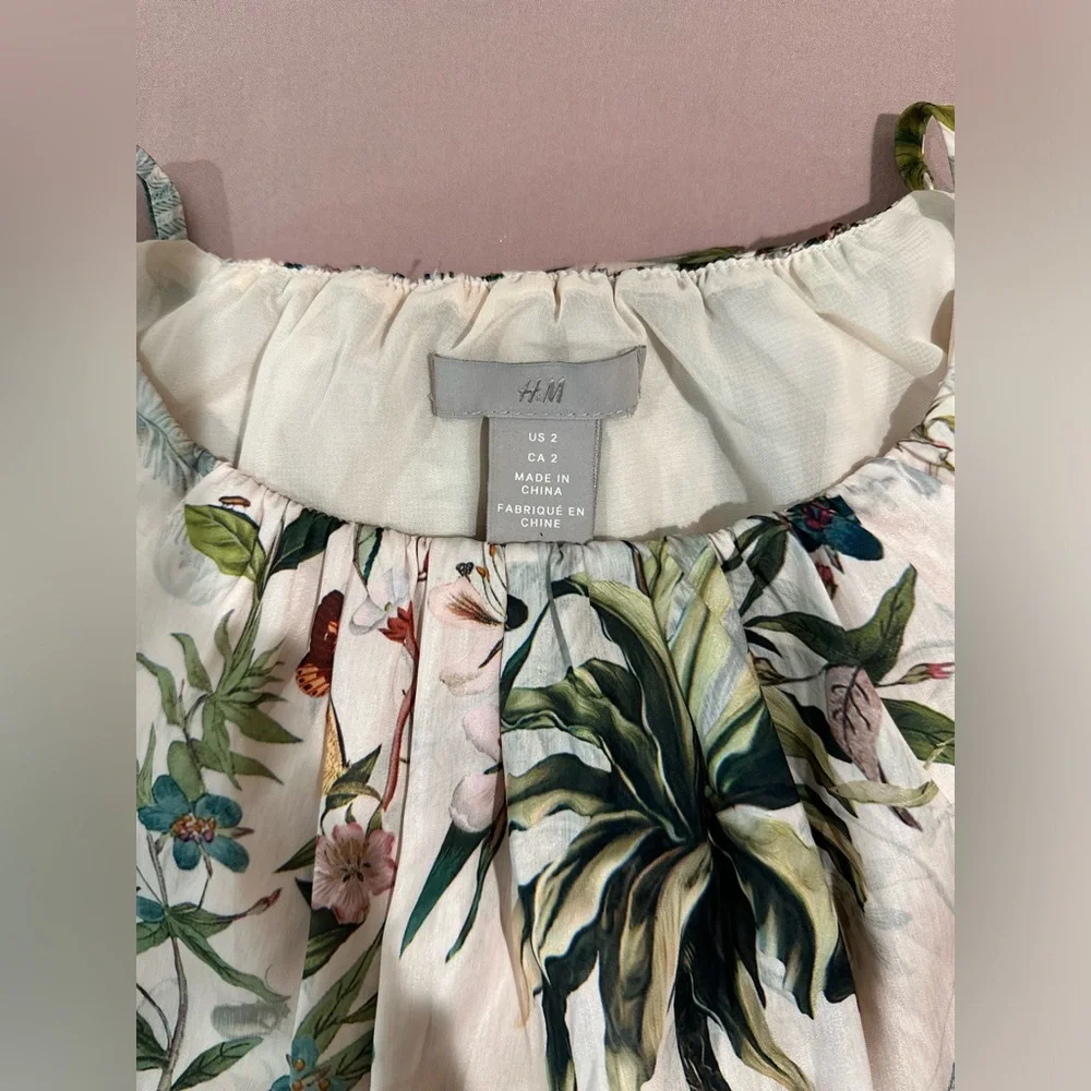 H&M Tropical Beige Green Satin Maxi Dress Halter Neck Size 2 XS/S